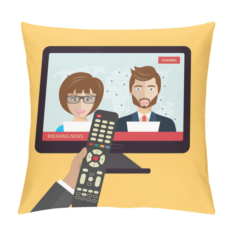 Personality  Breaking News Concept. News On Television With Remote Control. News Anchor Broadcasting The News With A Reporter Live On Screen. Flat Vector Illustration Pillow Covers