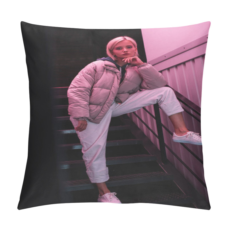 Personality  Full Length View Of Stylish Blonde Girl In Down Jacket Standing On Stairs And Looking At Camera Pillow Covers