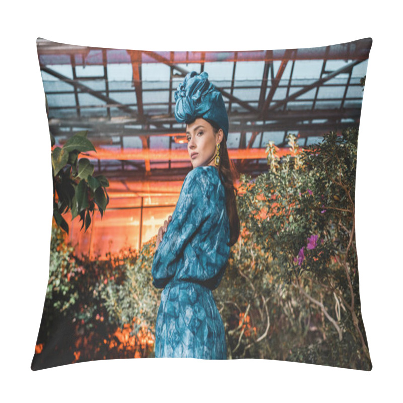 Personality  Gorgeous Young Woman In Blue Dress In Turban In Orangery Pillow Covers