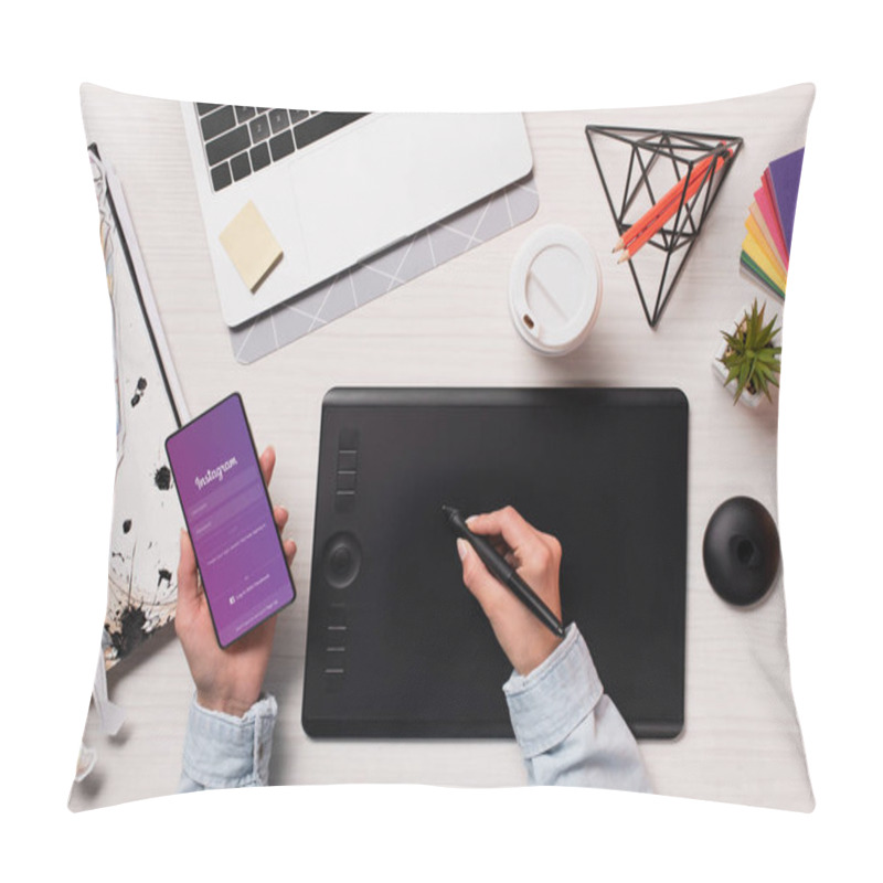 Personality  Cropped View Of Designer Using Graphics Tablet, Pen And Smartphone With Instagram App On Screen, Flat Lay Pillow Covers