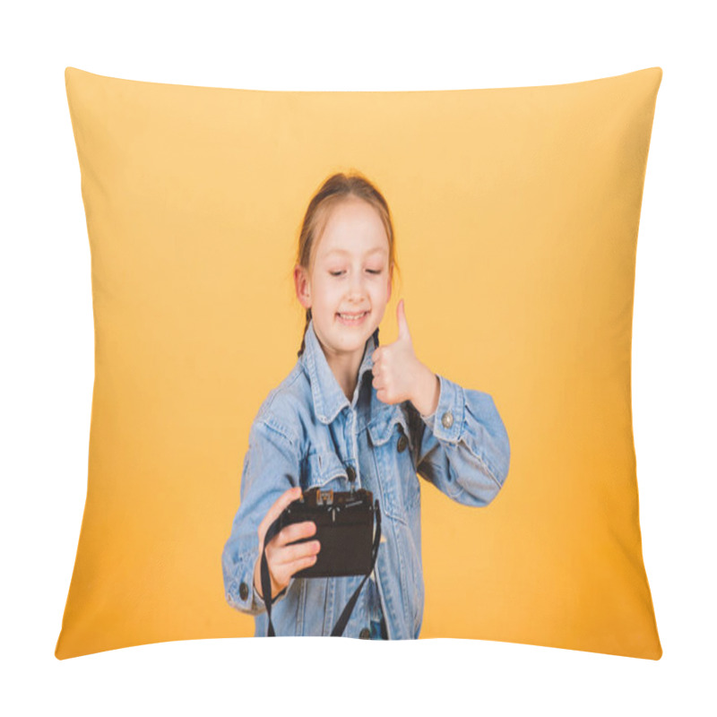 Personality  Child With Camera. Little Girl Photographing In Studio Pillow Covers