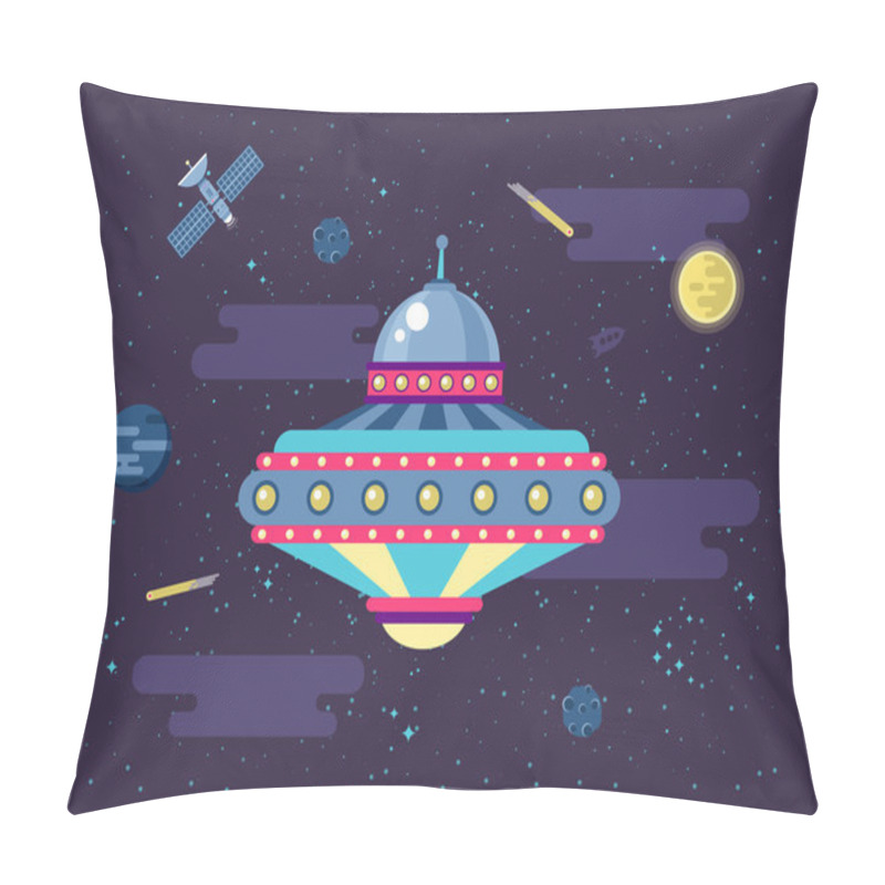 Personality  Illustration Of A Flying Saucer UFO In Outer Space Flat Style Pillow Covers