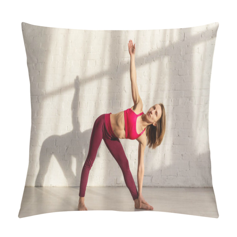 Personality  Woman In Sportswear Doing Revolved Half Moon Exercise  Pillow Covers