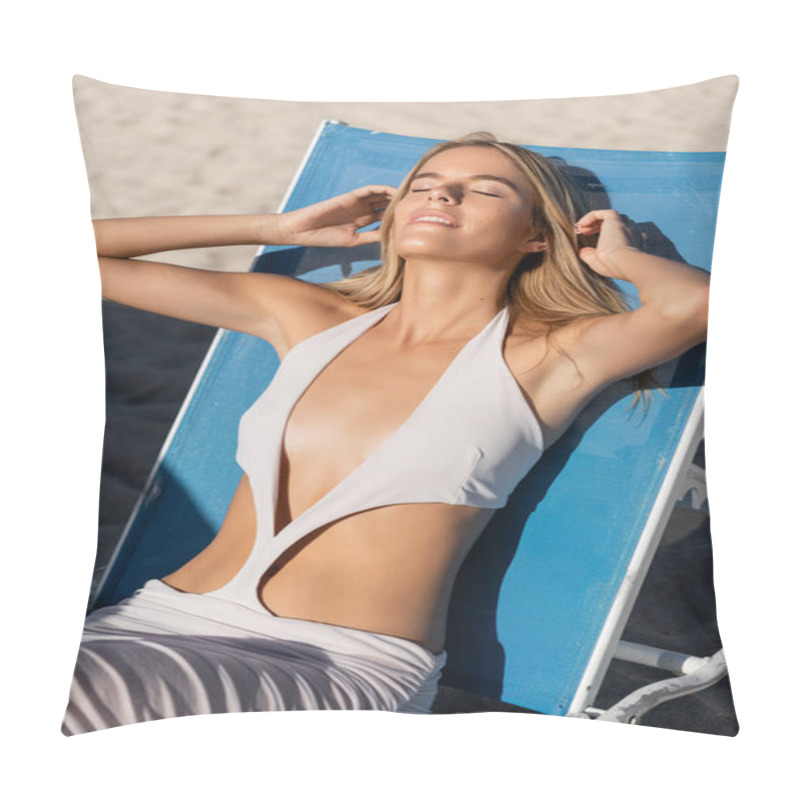 Personality  A Beautiful Blonde Woman In Miami Beach Sits Serenely In A Chair, Taking In The Calming Views Of The Ocean. Pillow Covers