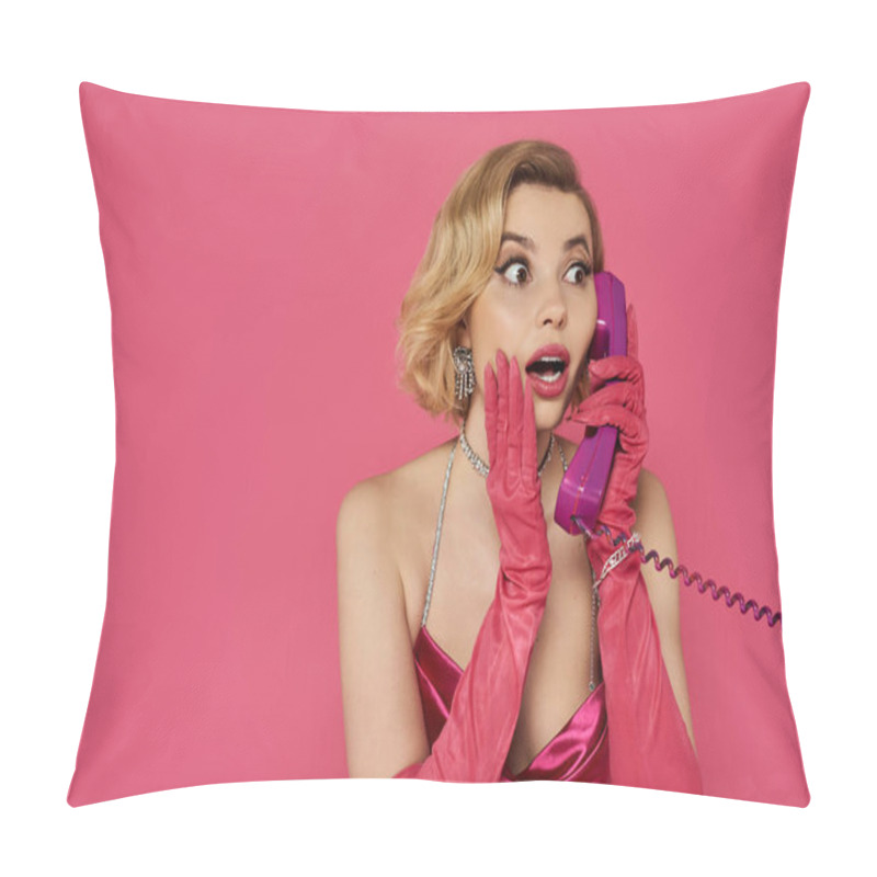 Personality  A Woman In A Pink Dress And Gloves Holds A Purple Phone To Her Ear, Looking Shocked And Surprised. Pillow Covers