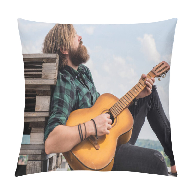 Personality  Mature Bearded Man Looking Casual Trendy Playing Guitar, Relax. Pillow Covers