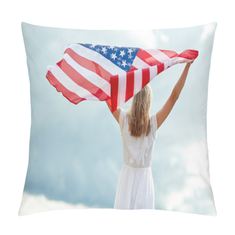 Personality  Happy Young Woman With American Flag Outdoors Pillow Covers