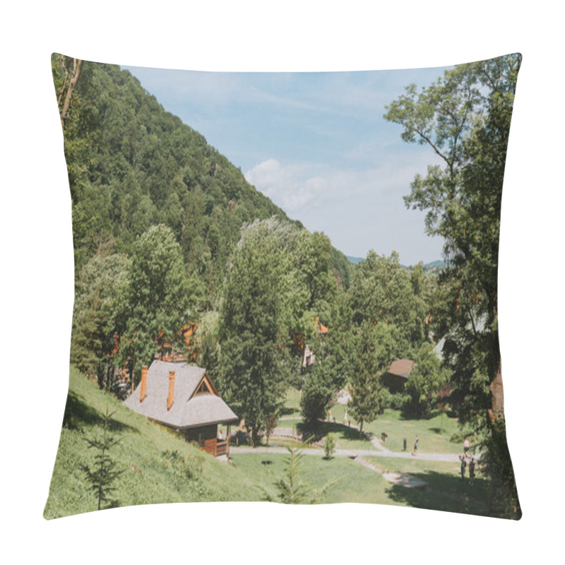 Personality  Rural Landscape With Lush Green Fields And Farm House Pillow Covers