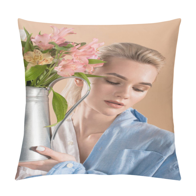 Personality  Attractive Woman Holding Watering Can With Flowers And Standing In Eco Clothing Isolated On Beige, Environmental Saving Concept  Pillow Covers