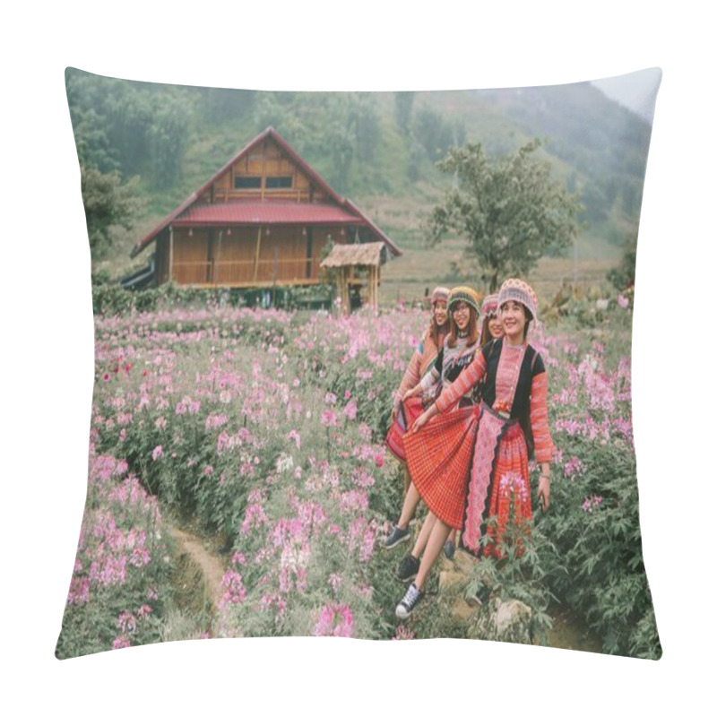 Personality  Group Of Women In Traditional Ethnic Clothing Posing In A Vibrant Flower Field, With A Wooden House And Lush Green Hills In The Background. Pillow Covers