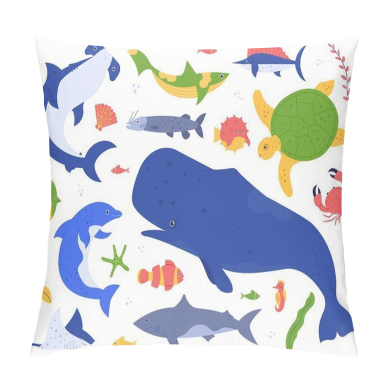 Personality  Sea Animals Species. Ocean Animals In Their Natural Habitat. Cute Whale, Dolphin, Shark And Turtle Vector Illustration Set. Undersea World Pack. Water Plants Seaweed And Algae Collection Pillow Covers