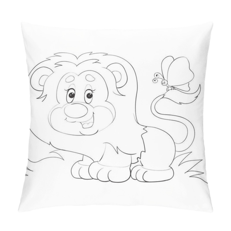 Personality  Cartoon Style Little Lion Cub With A Butterfly On Its Tail Drawn In Outline, Isolated Object On A White Background, Vector Illustration, Pillow Covers