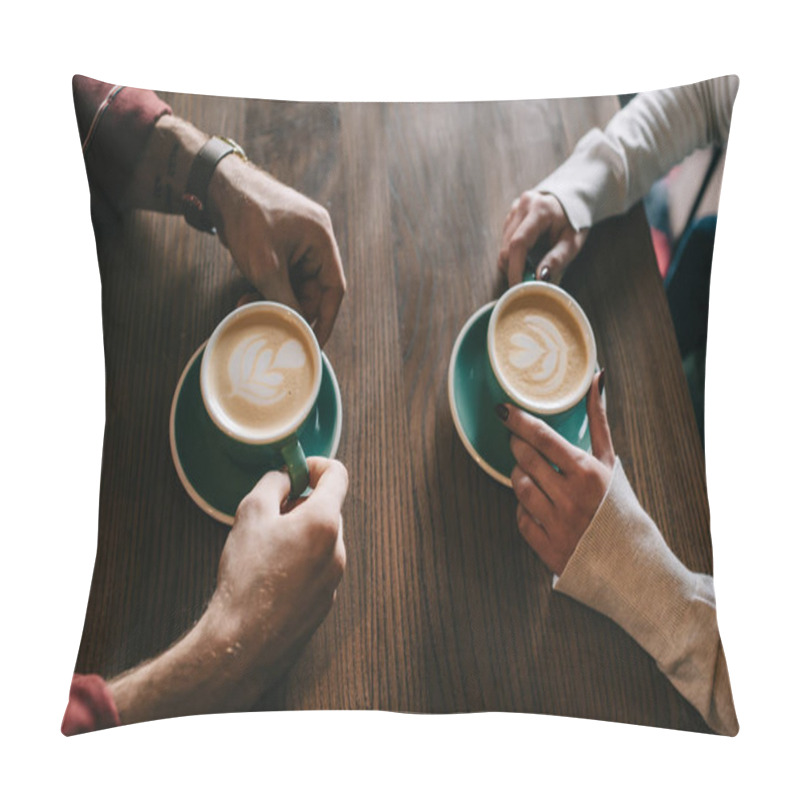 Personality  Cropped View Of Couple Drinking Cappuccino On Balcony In Coffee Shop Pillow Covers