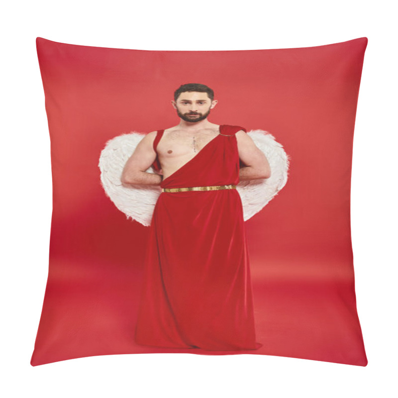 Personality  Full Length Of Bearded Man In Cupid Costume Standing With Hands Behind Back Looking At Camera On Red Pillow Covers