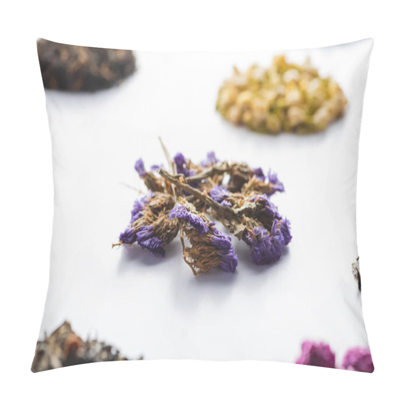 Personality  Pattern Of Dried Herbal Natural Tea On White Surface Pillow Covers