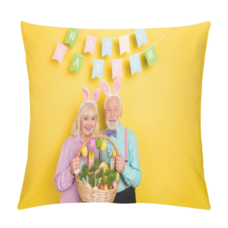 Personality  Portrait Of Two Attractive Trendy Cheery Grey-haired Spouses Happy Easter Food Isolated Over Bright Yellow Color Background Pillow Covers