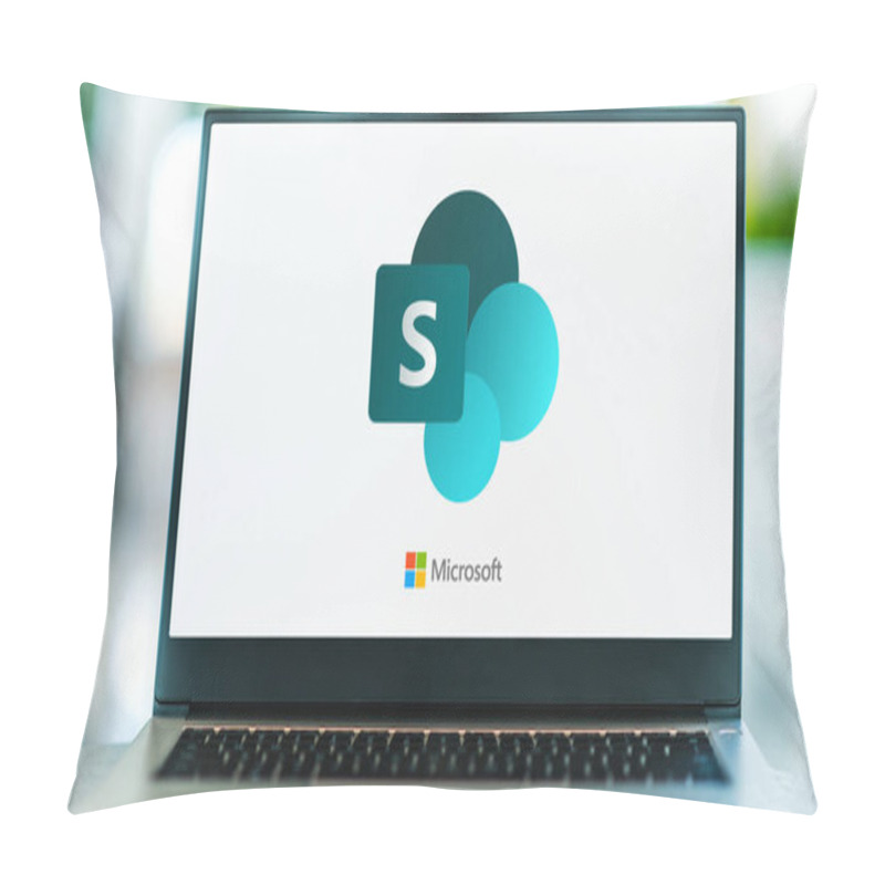 Personality  POZNAN, POL - MAY 1, 2021: Laptop Computer Displaying Logo Of SharePoint Is A Web-based Collaborative Platform, Part Of The Office Family Software And Services Developed By Microsoft Pillow Covers