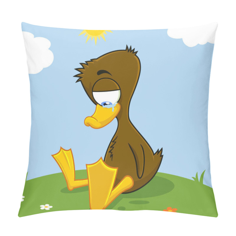 Personality  Ugly Duckling Cartoon Character Crying. Vector Illustration With Landscape Background Pillow Covers