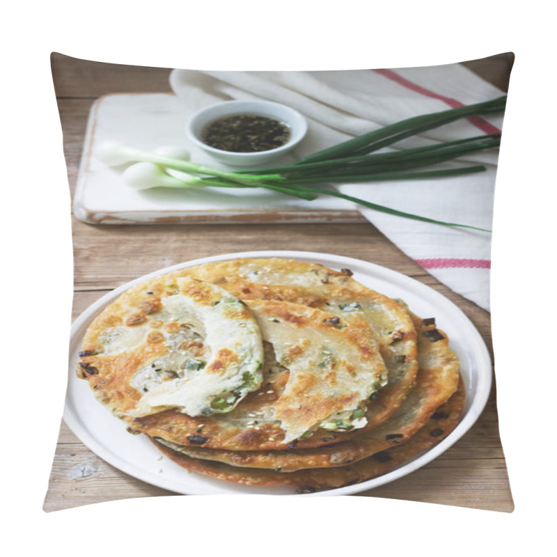 Personality  Homemade Appetizing Scallion Pancakes And A Bunch Of Green Onions. Rustic Style. Pillow Covers