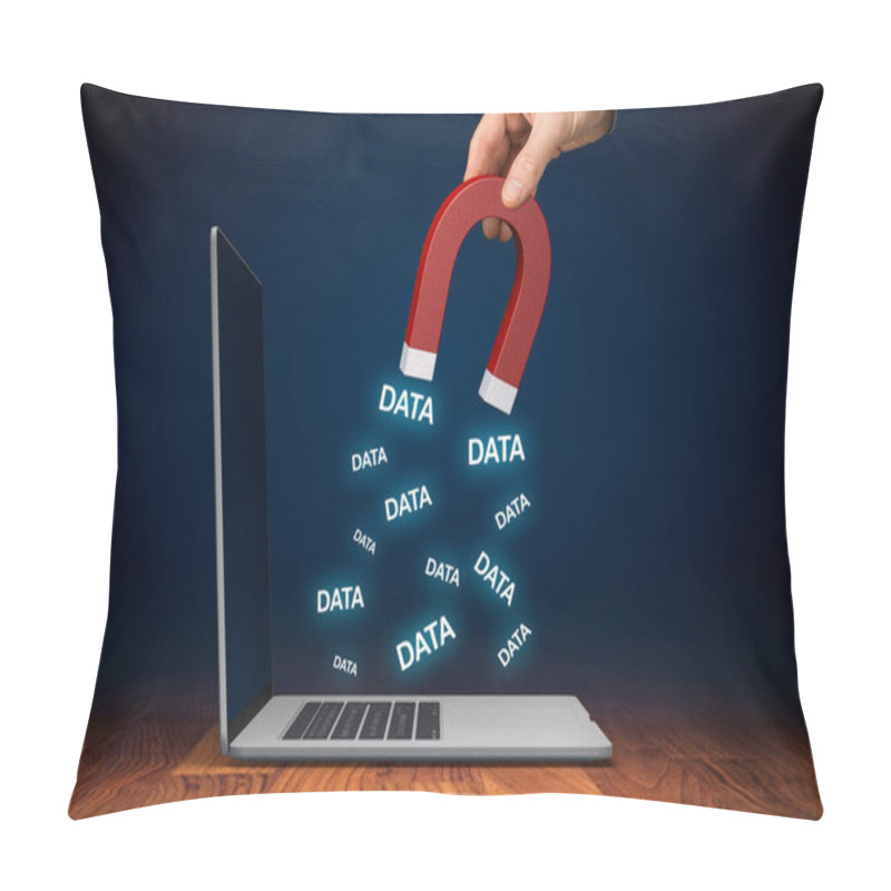 Personality  Leaked Data, Data Breach, Cybersecurity And Hacked Stolen Data Concepts. Hand With Magnet Steal Data From Unprotected Computer By Spyware, Visual Metaphor And Concept. Pillow Covers