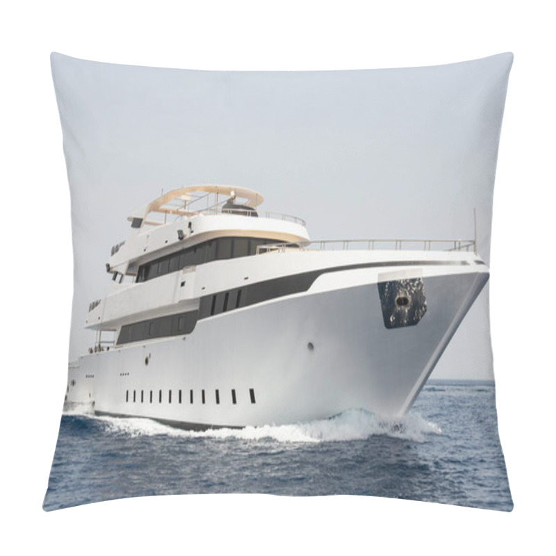 Personality  A Large Luxury Private Motor Yacht Under Way Sailing On Tropical Sea With Bow Wave Pillow Covers