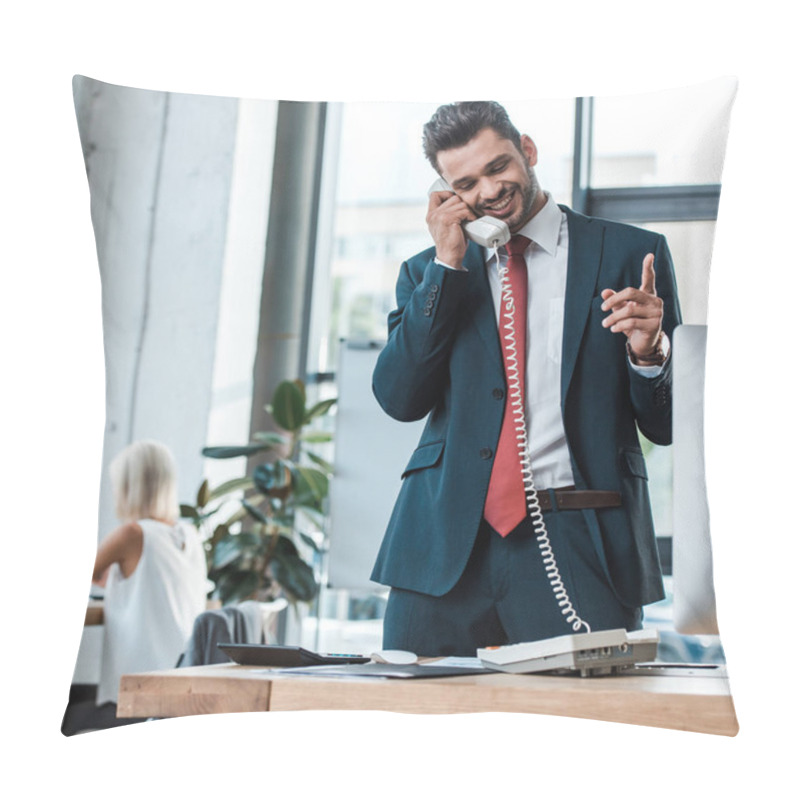 Personality  Selective Focus Of Happy Bearded Man Talking On Retro Phone And Pointing With Finger In Office  Pillow Covers