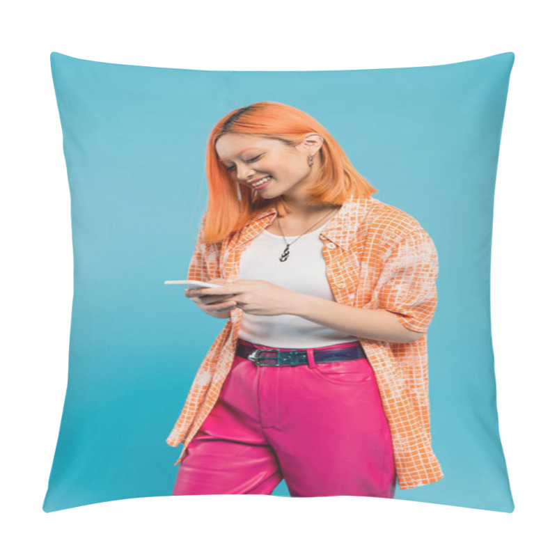 Personality  Social Networking, Cheerful Asian Woman With Dyed Hair Messaging, Using Smartphone, Standing On Blue Background, Smiling, Orange Shirt, Casual Attire, Digital Native, Generation Z  Pillow Covers