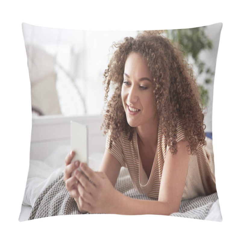 Personality  Beautiful Woman Using A Smart Phone In The Bed  Pillow Covers