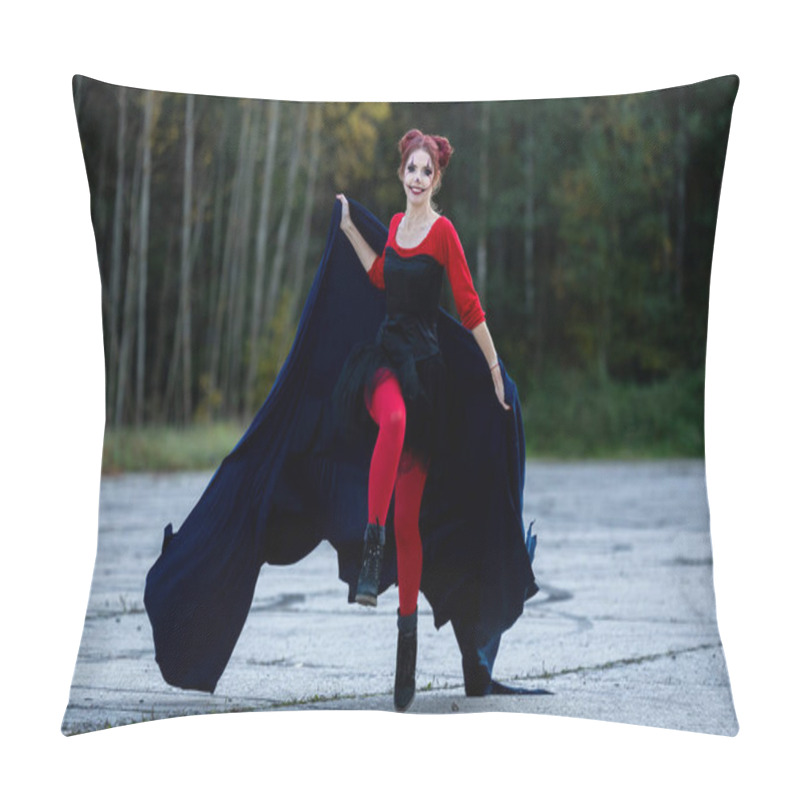 Personality  A Cheerful, Beautiful Young Woman In Motion, Wearing Red And Black Clothes With A Blue Cape: A Play Of Colors And Halloween Fun Pillow Covers