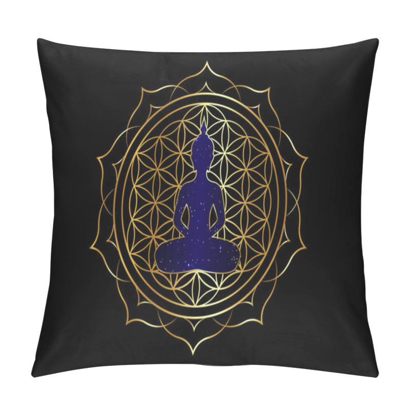 Personality  Chakra Concept. Inner Love, Light And Peace. Buddha Silhouette In Lotus Position Over Gold Ornate Mandala Lotus Flower. Flower Of Life, Golden Yantra Mandala Vector Isolated On Black Background  Pillow Covers