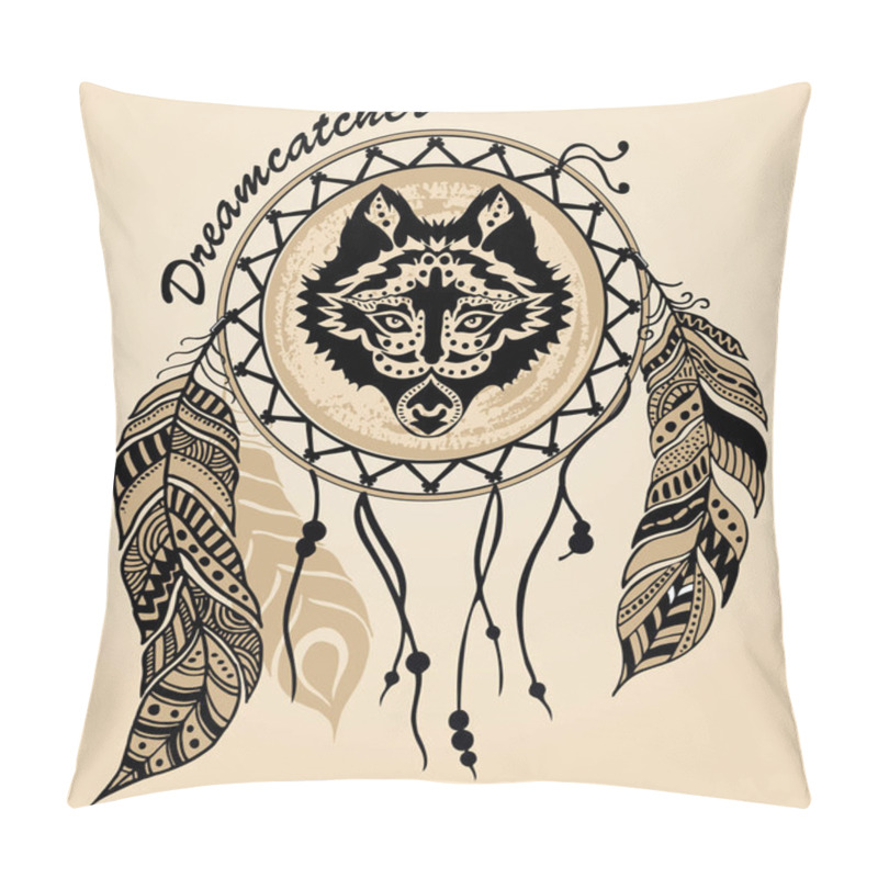 Personality  Animal Hand Drawn Illustration, Wolf Indian Warrior, Native American Poster. Dreamcatcher. Hand Draw Vector Illustration Pillow Covers