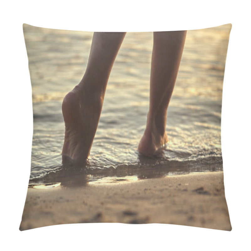 Personality  Female Feet Barefoot On A Sandy Beach In The Water. Close-up Of Beautiful Female Legs. Wet Foot. Pillow Covers