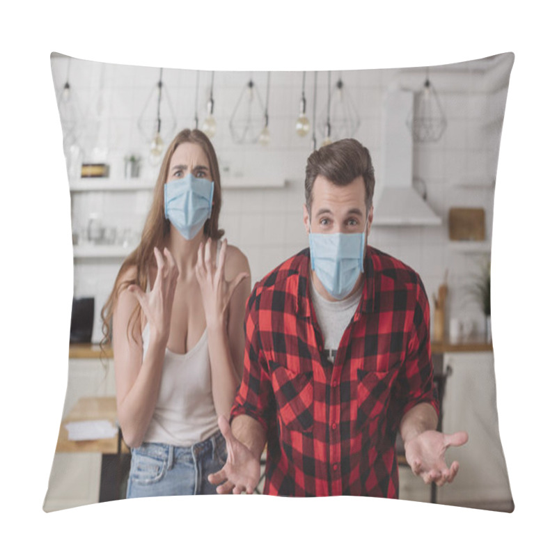 Personality  Irritated Couple In Medical Masks Screaming And Gesturing While Looking At Camera Pillow Covers