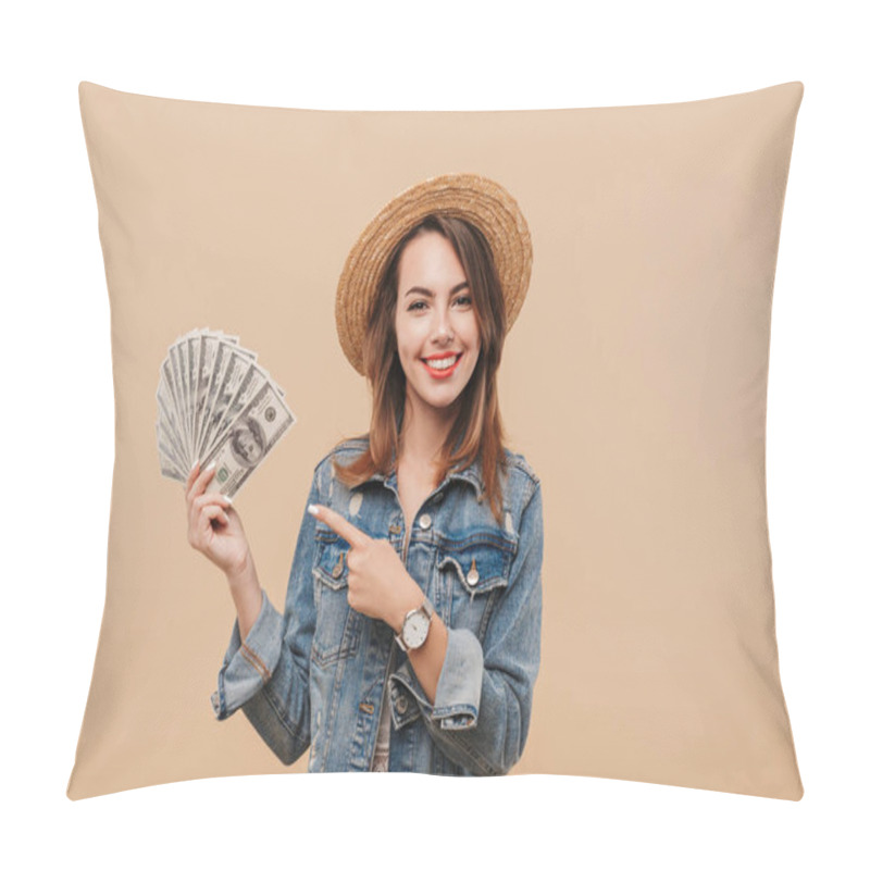 Personality  Portrait Of A Happy Young Girl In Summer Clothes Showing Money Banknotes And Pointing Finger Isolated Over Beige Background Pillow Covers