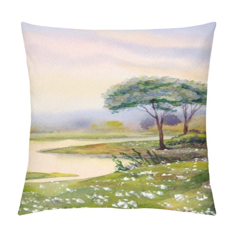 Personality  Handmade Bright Pink Watercolour Paint Sketch Quiet Fog Ravine Horizon View Scene On Paper Backdrop Space For Text. Hand Drawn Light Yellow Color Rainy Sundown Heaven Over Calm Wild Valley Park Creek Pillow Covers