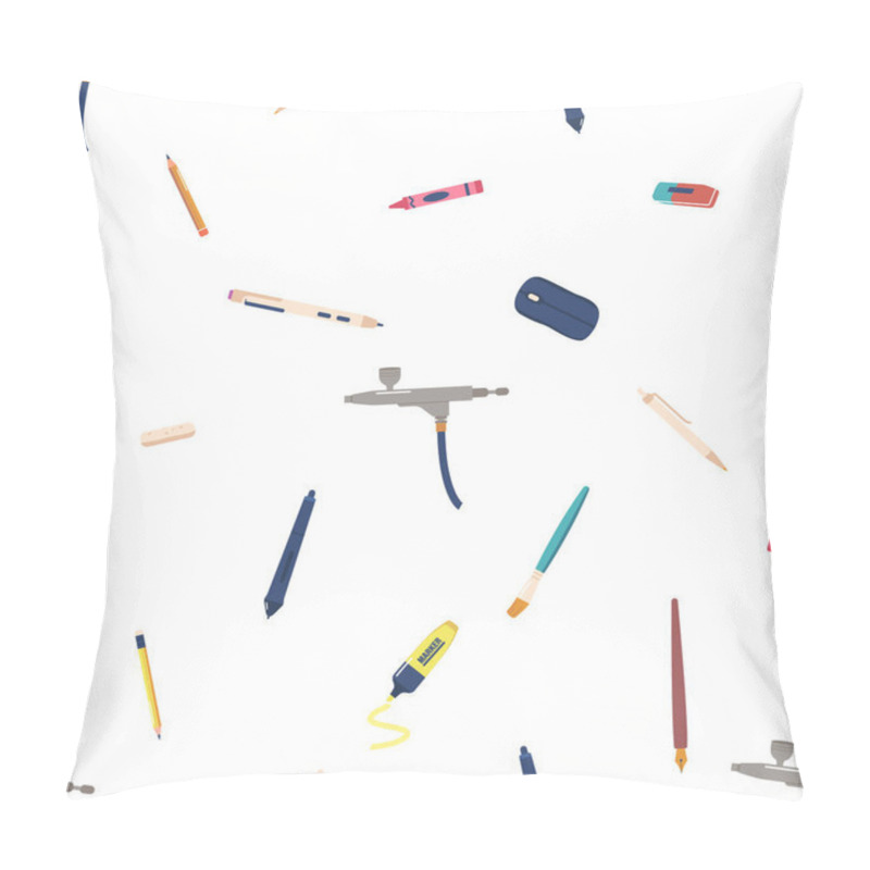 Personality  Seamless Pattern Featuring Vibrant Writing Tools Pens, Pencils, And Brushes. Perfect For Creative Minds And Stationery Enthusiasts, Adding Flair To Any Project Or Design. Cartoon Vector Illustration Pillow Covers