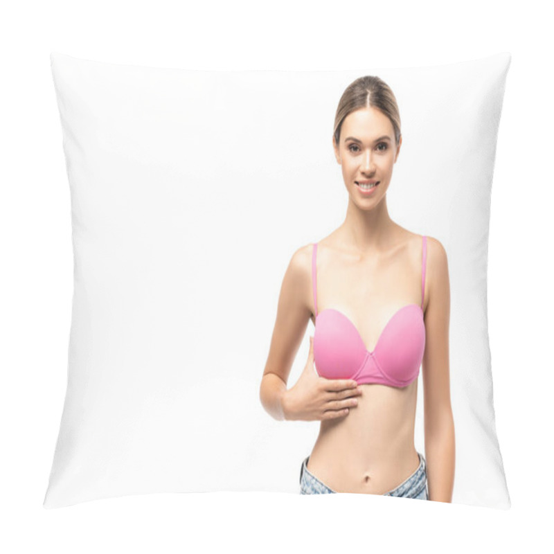 Personality  Young Woman In Pink Bra Touching Breast Isolated On White, Concept Of Breast Cancer  Pillow Covers