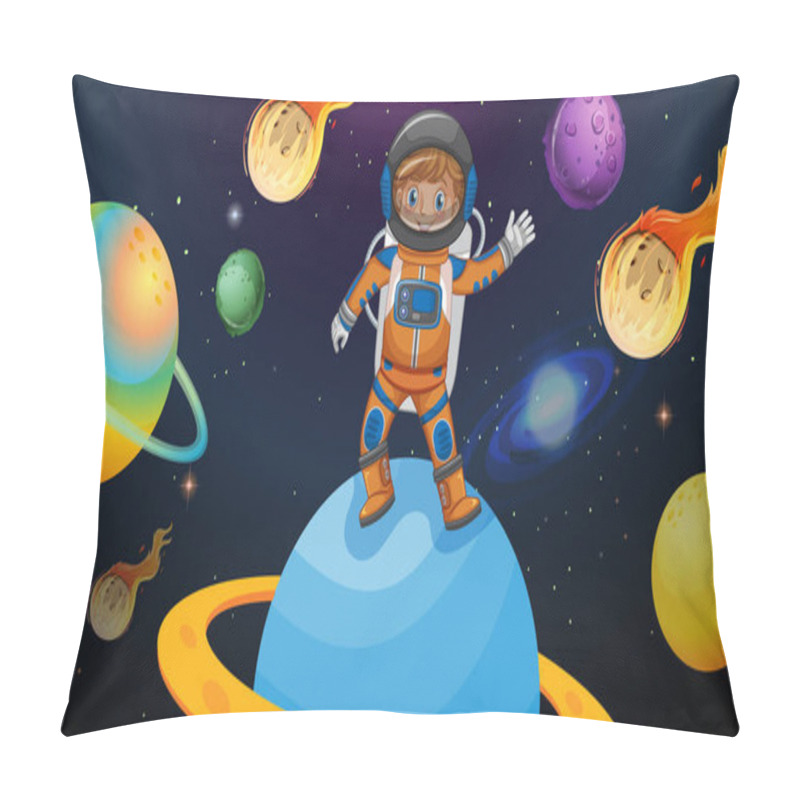 Personality  Astronaut Kid Standing On Satern Planet In Space Scene Illustration Pillow Covers