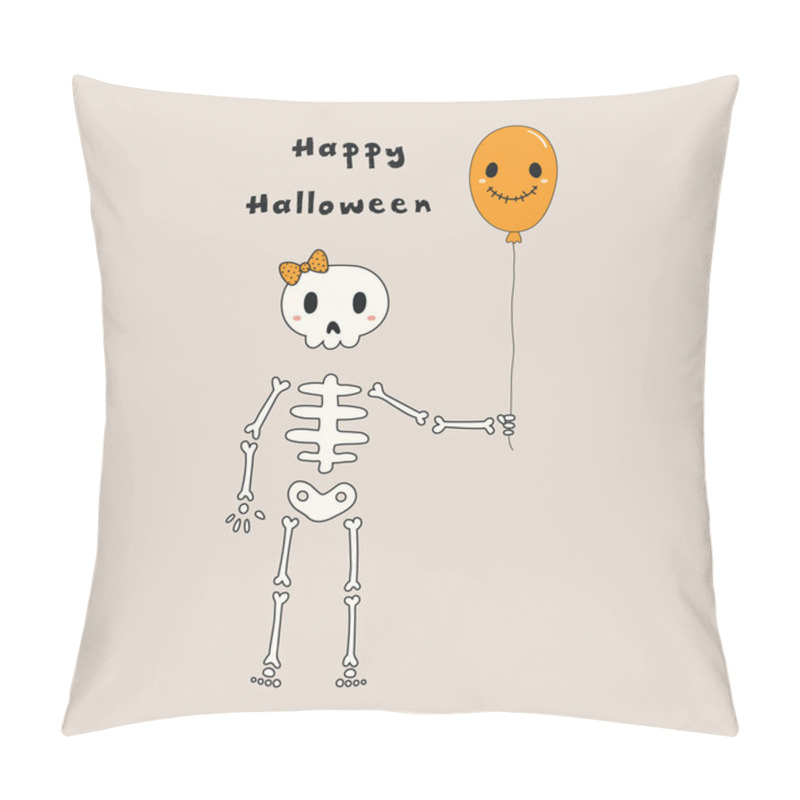 Personality  Hand Drawn Vector Illustration Of Kawaii Funny Skeleton With Balloon And Text Happy Halloween, Design Concept For Greeting Card And Party Invitation Pillow Covers