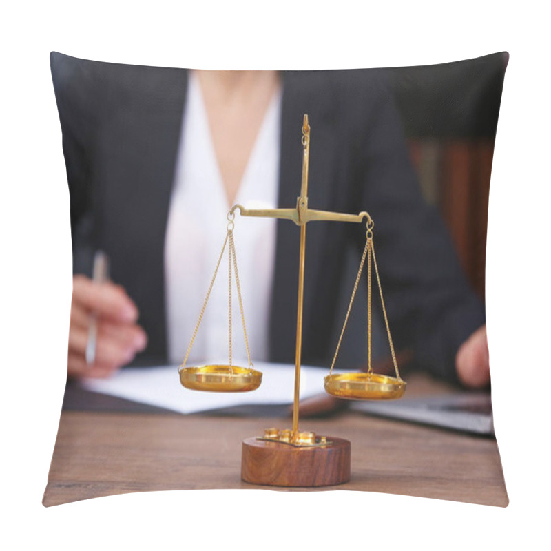 Personality  Scales Of Justice On Wooden Table  Pillow Covers