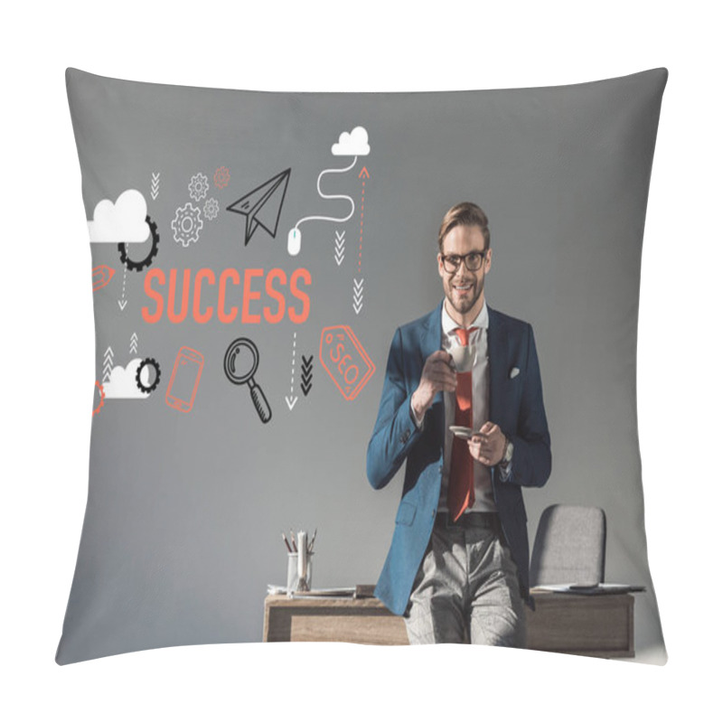 Personality  Smiling Businessman With Cup Of Coffee Sitting On Table And Looking At Camera, Success Icons On Grey   Pillow Covers