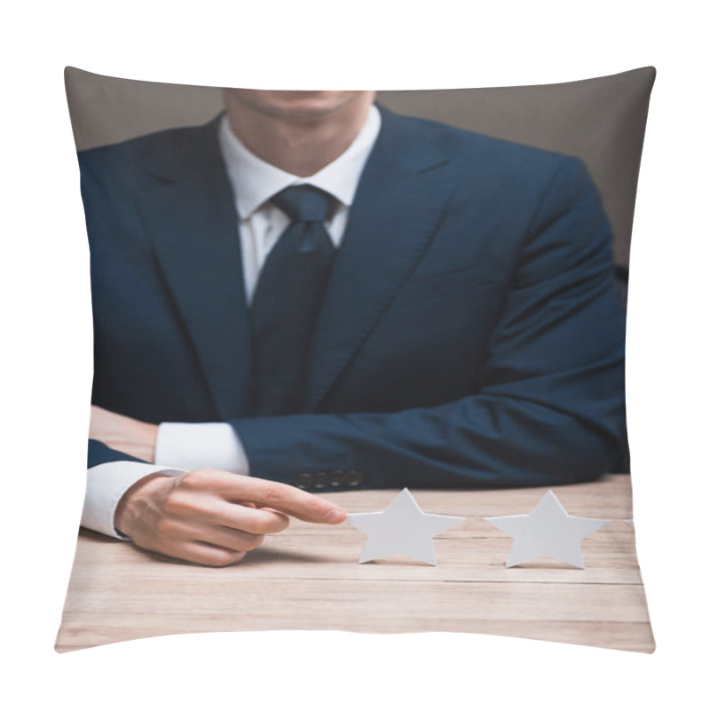 Personality  Cropped View Of Happy Businessman In Formal Wear Touching Star Isolated On Grey, Quality Concept  Pillow Covers