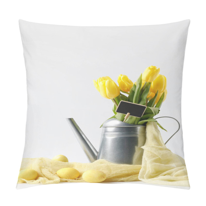 Personality  Yellow Painted Easter Eggs And Tulips In Watering Can Isolated On White Pillow Covers