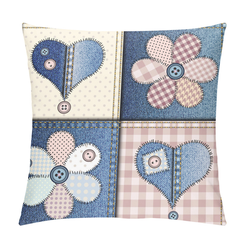 Personality  Jeans Patchwork With Applique Of Flowers And Hearts Pillow Covers