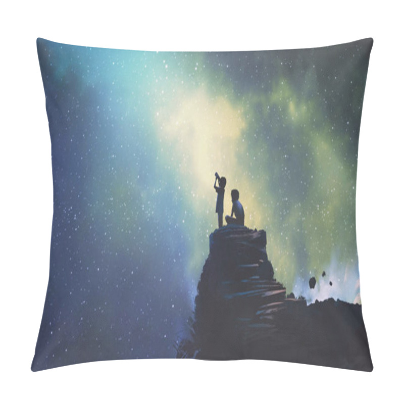 Personality  Night Scene Of Two Brothers Outdoors, Llittle Boy Looking Through A Telescope At Stars In The Sky, Digital Art Style, Illustration Painting Pillow Covers