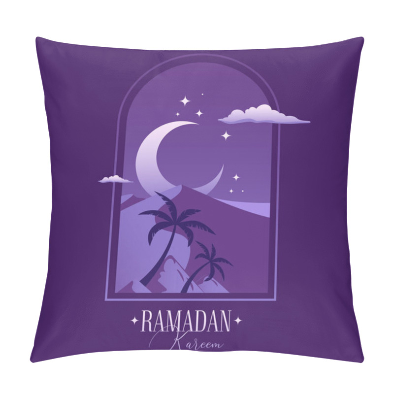 Personality  Arabian Landscape, Desert Dune Of Sand And Palm Trees Under A Crescent Moon Placed In An Arch Frame. Ramadan Kareem Holy Month Social Media Post Template. Muslim Festive Vector Illustration. Pillow Covers