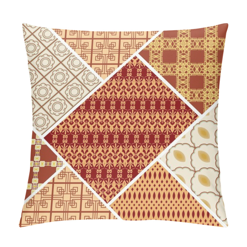 Personality  Patchwork Design In Art Deco Style. Decorative Vector Abstract Tile In Style Stitched Textile Patches With Different Ornament In Beige And Red Pillow Covers