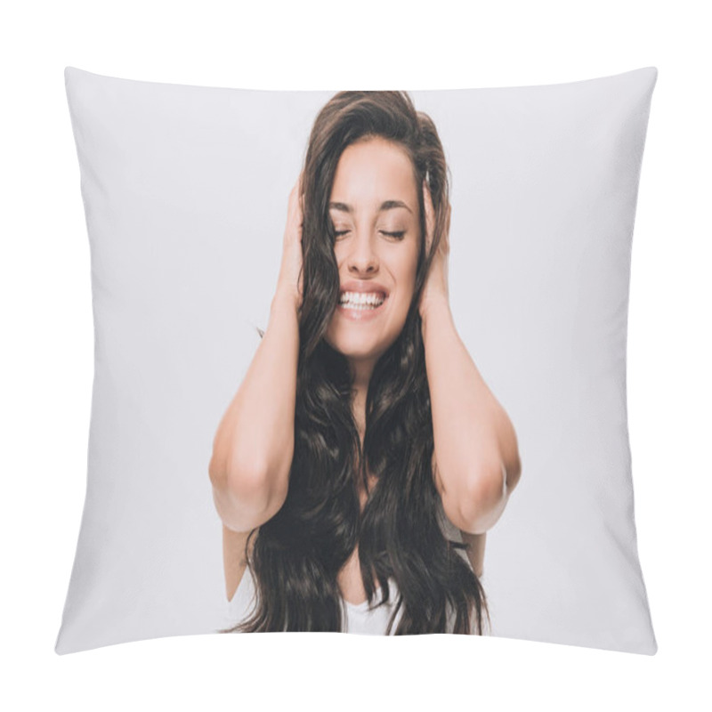 Personality  Happy Brunette Beautiful Woman Touching Long Curly Healthy Hair Isolated On Grey Pillow Covers