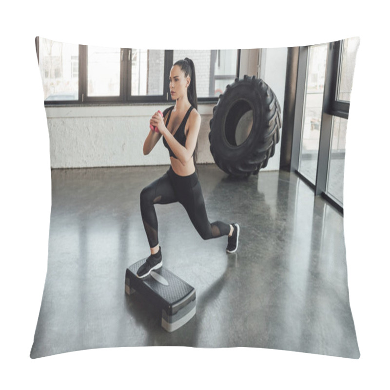 Personality  Beautiful Sportswoman With Dumbbells Working Out On Step Platform In Sports Center Pillow Covers