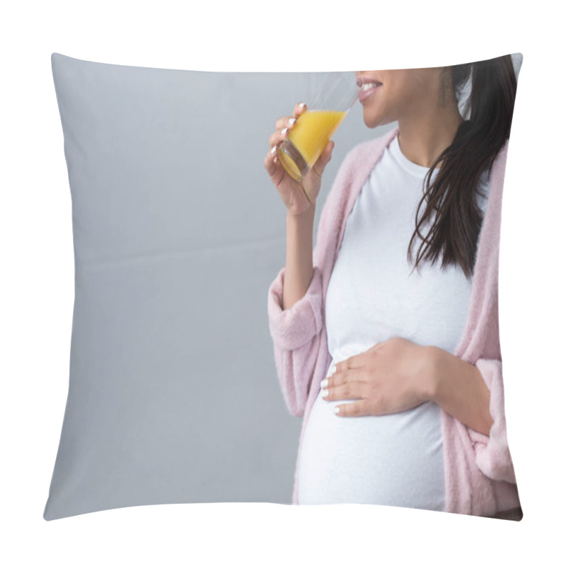 Personality  Cropped View Of African American Pregnant Woman Drinking Orange Juice  Pillow Covers